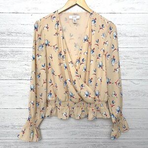Scripted Women's Peach Floral Romantic blouse Plunge Wrap Front Long Sleeves M